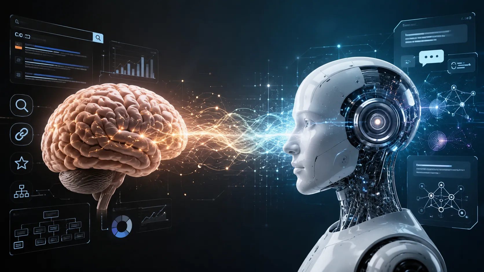 Ilustrasi otak manusia dan robot AI saling terhubung, melambangkan sinergi antara strategi SEO tradisional dan optimasi untuk mesin generatif (GEO).